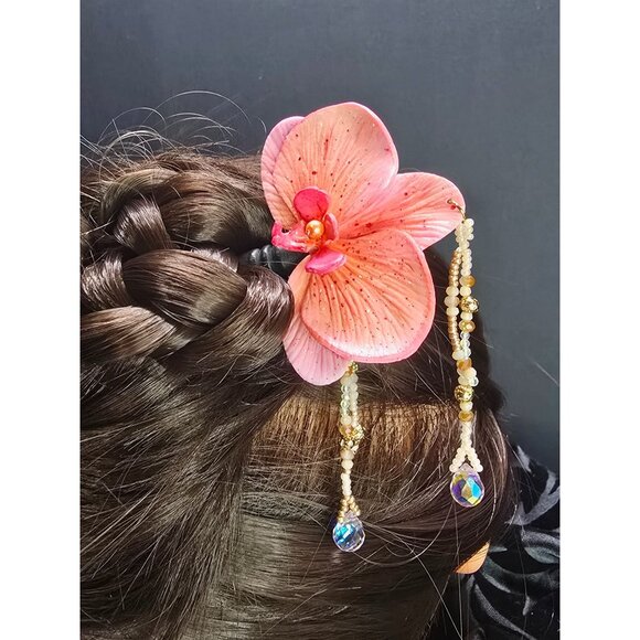 Unique Handmade Glass Beaded & Polymer Clay Asian Inspired Pink Orchid Hair Stic - Picture 4 of 7